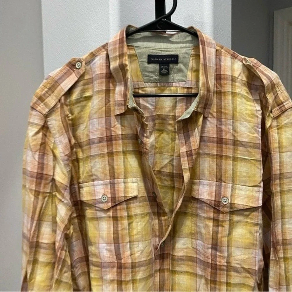 Bananas Republic Linen Blend Button Down Sleeve Shirt Plaid 17/17.5 Mens Western